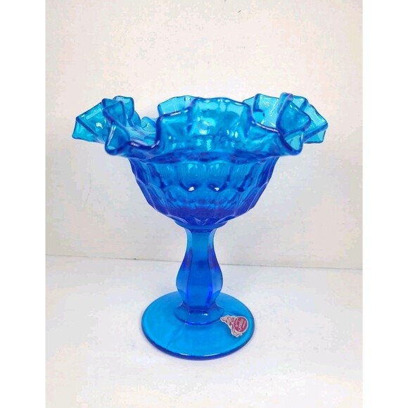 Fenton Colonial Blue Thumbprint Compote Candy Dish Ruffled Edge Vintage - Picture 2 of 6